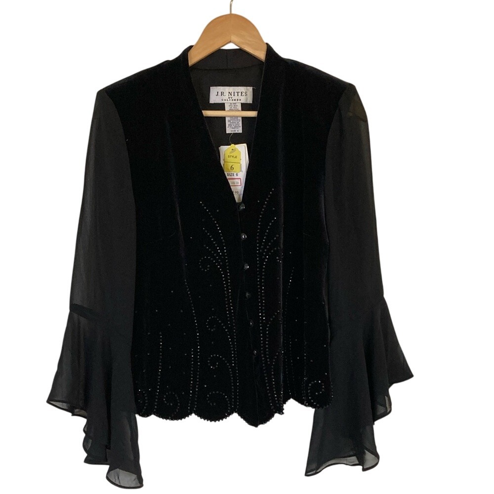 VTG Y2K J.R. Nites Velvet Jeweled Blouse Size 6 Sheer Flare Sleeve Witchy Fairy